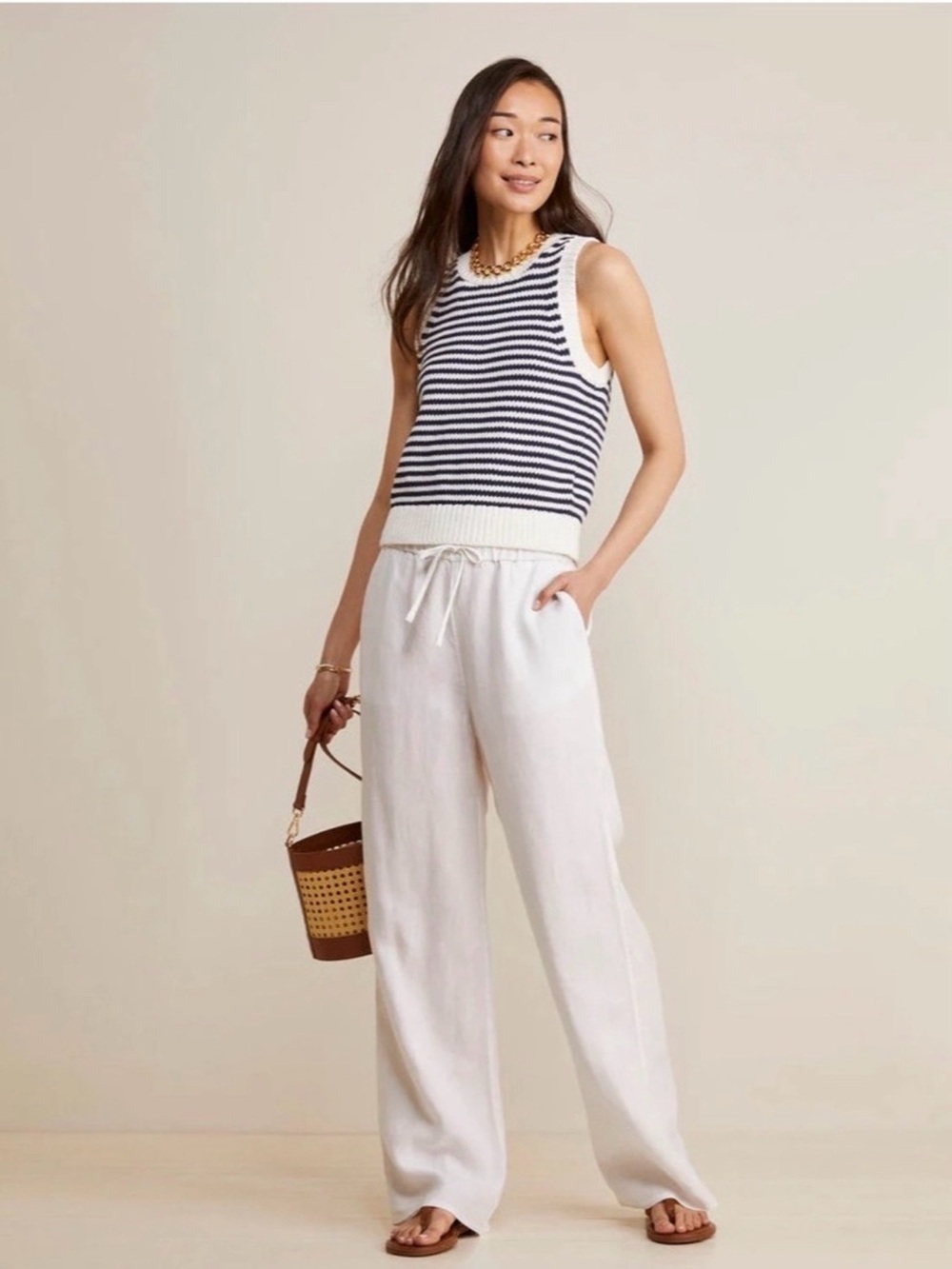 NWT Vineyard Vines Women's Tie-Waist Linen Pants - White Cap Size Medium